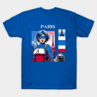 Paris France 80s Female Comic Book Superhero Sloth T-Shirt